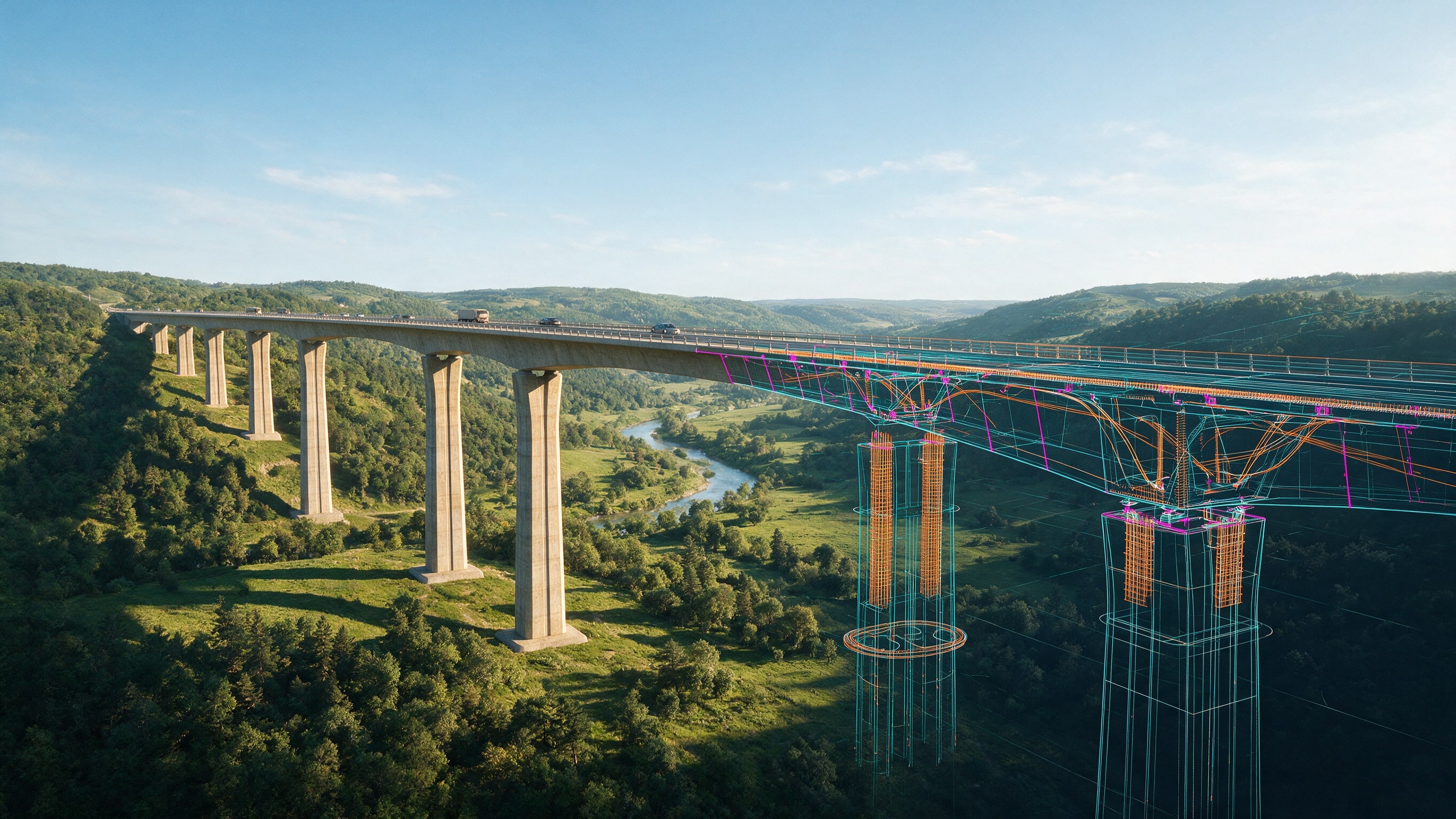 Viaducto de autopista sobre un valle, con el modelo BIM de las pilas y su armadura de acero superpuesto en alambre